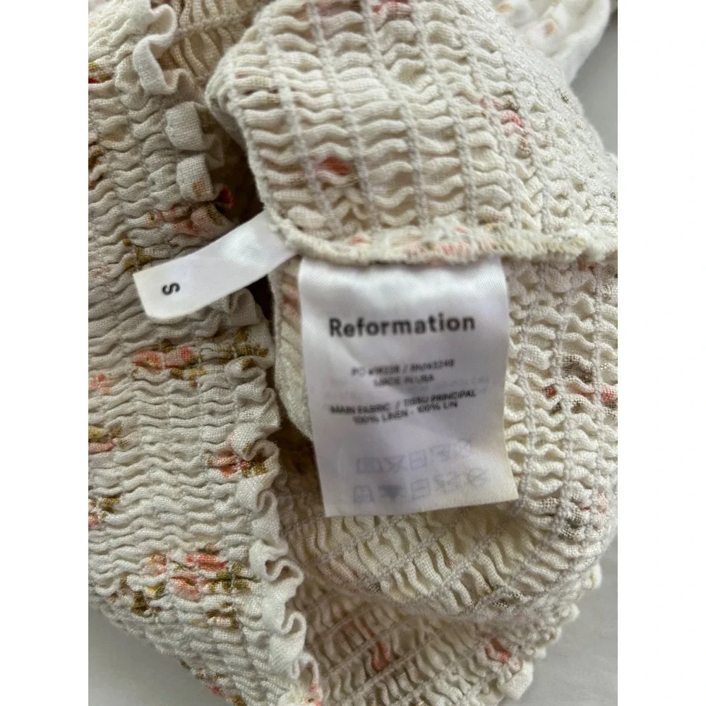 Reformation Linen Floral Smocked Puff Sleeve Top Cream Sweetheart Neck Size‎ S